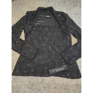 Onyx‎ Nite Top Womens Large Black Lacey Sequins Long Sleeve Y2K WhimsyGoth Fairy